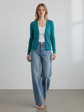 Ricki’s Cardigan V Neck Button Front Sweater Fitted Teal Green Small